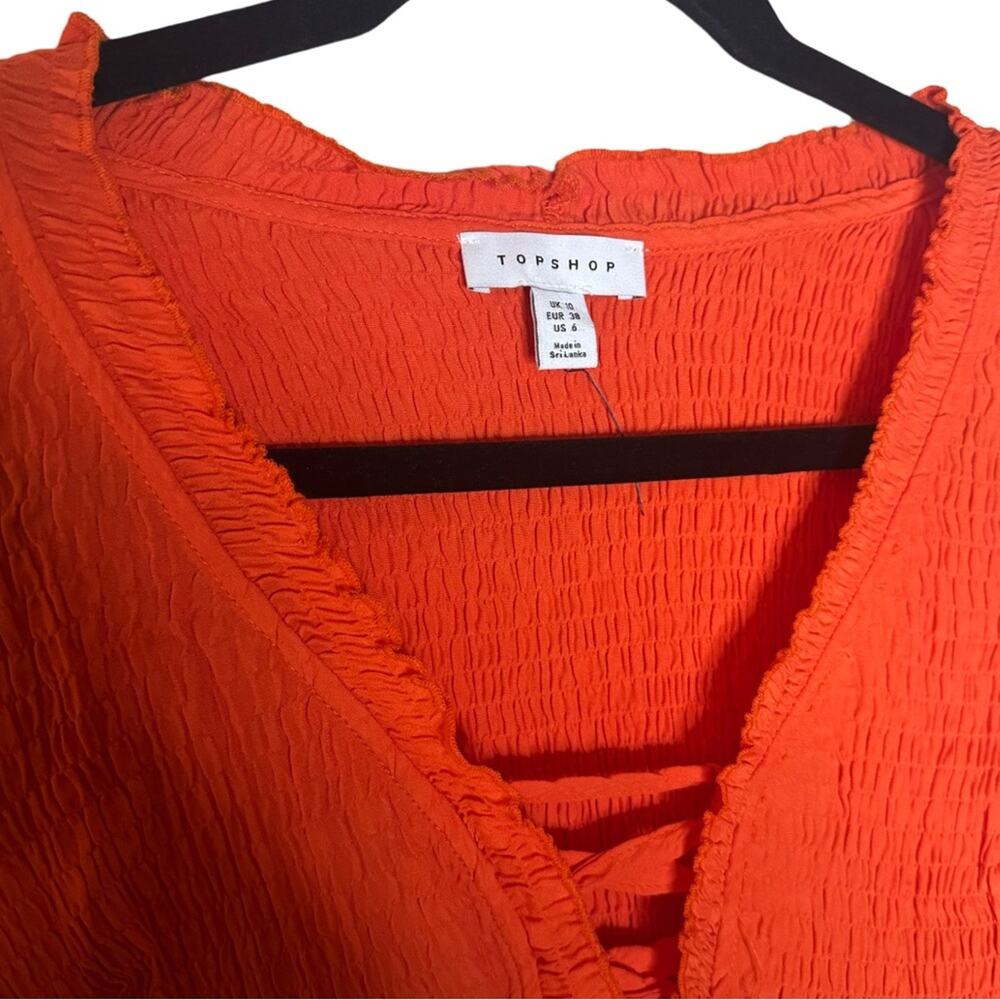 Topshop Crinkle Ruched Lace Long Sleeve Top - Clementine Orange Size 6 - Picture 3 of 6